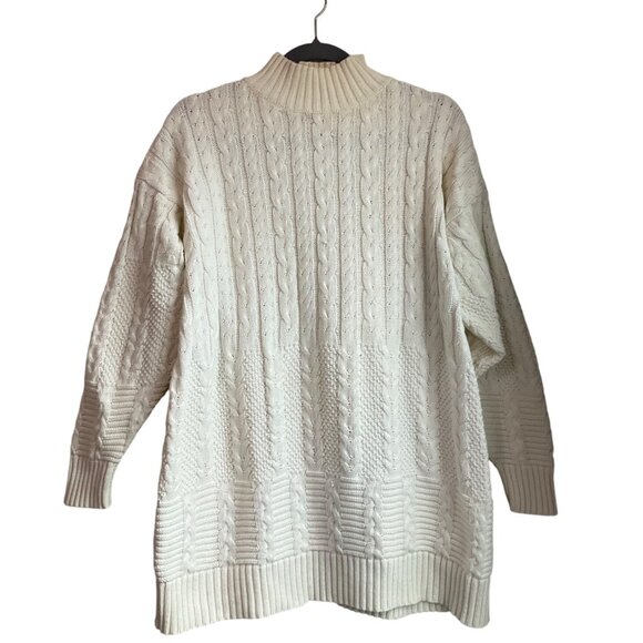 VTG Liz Claiborne Large Beige All over Cable Knit Fisherman Sweater Chunky - Picture 5 of 9